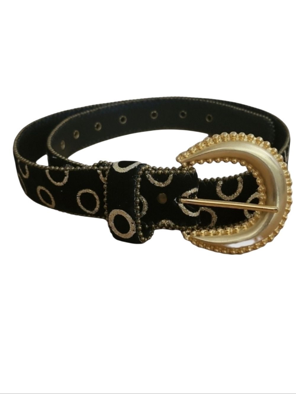 Vintage Black Velvet Gold Metallic Circle Trim Goldtone Buckle Belt M/L
